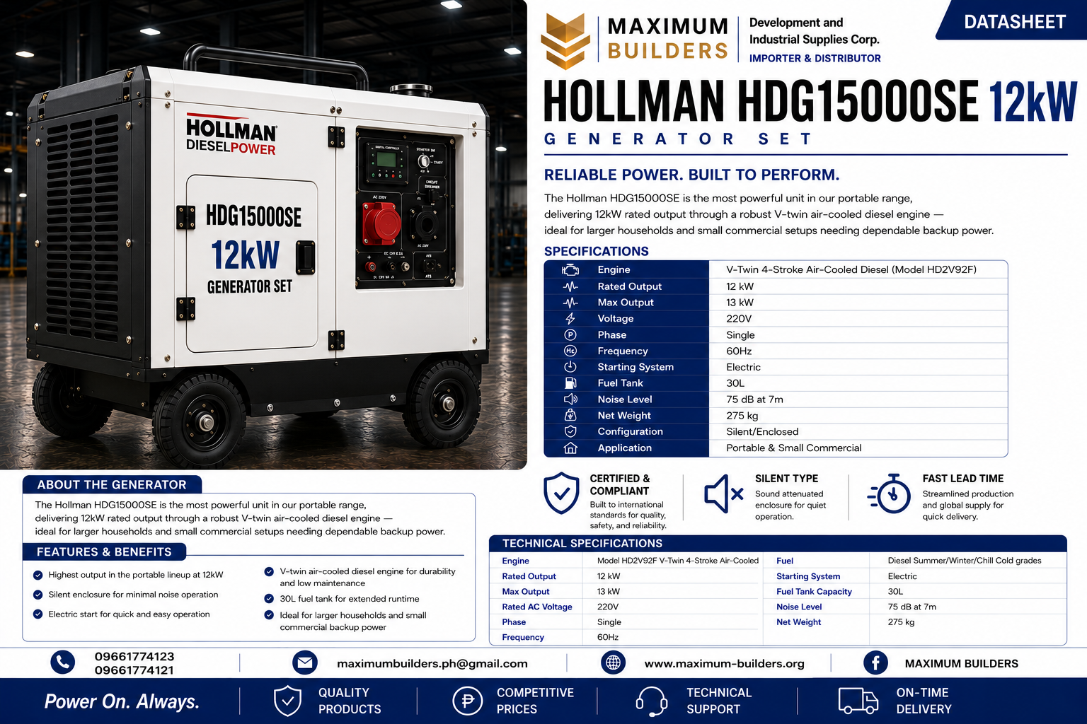 Hollman HDG15000SE 12kW Generator Set Brochure