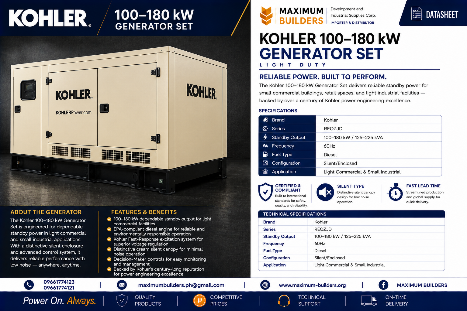 Kohler 100–180 kW Generator Set Brochure