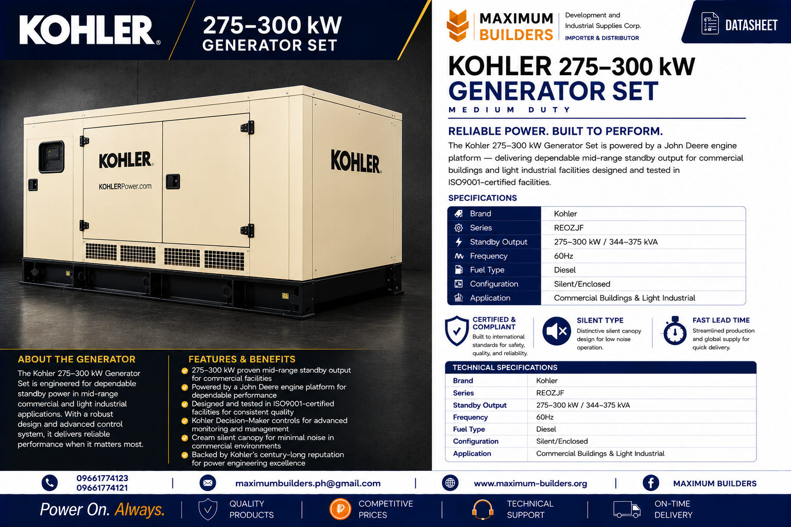 Kohler 275–300 kW Generator Set Brochure